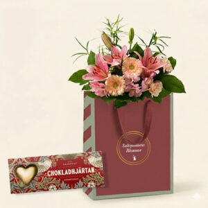 Presentpåse med blommor och chokladhjärtan