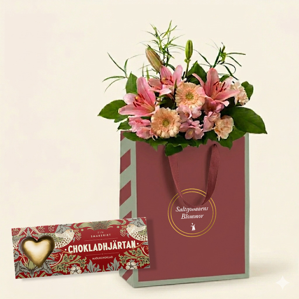 Presentpåse med blommor och chokladhjärtan